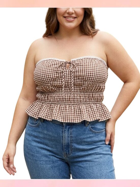 Sienna Sky Tops - Sienna Sky Brown & White Gingham Smocked Tube Top Ruffle Lace Trim